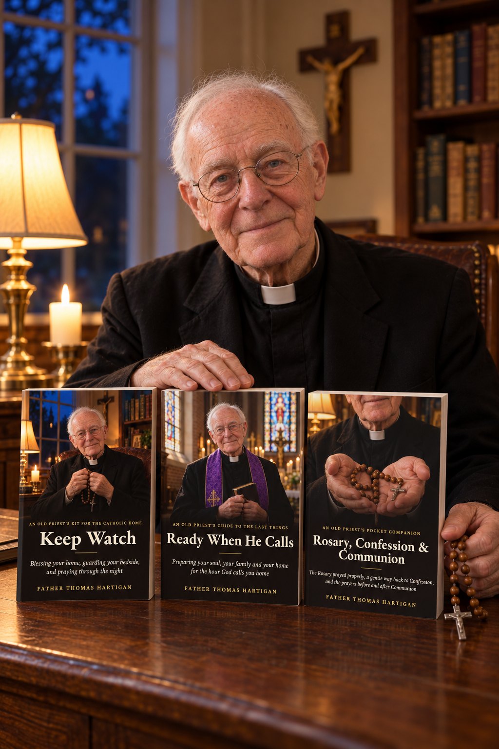 Father Thomas Hartigan with his three books