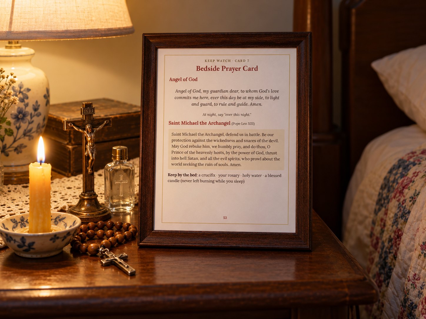 A printed prayer card on a nightstand